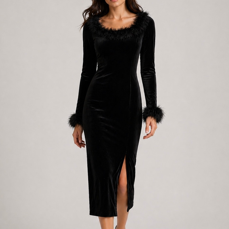 Vintage 90âs Feather Trim Velvet Dress Vampire Goth Whimsygoth Elvira Morticia